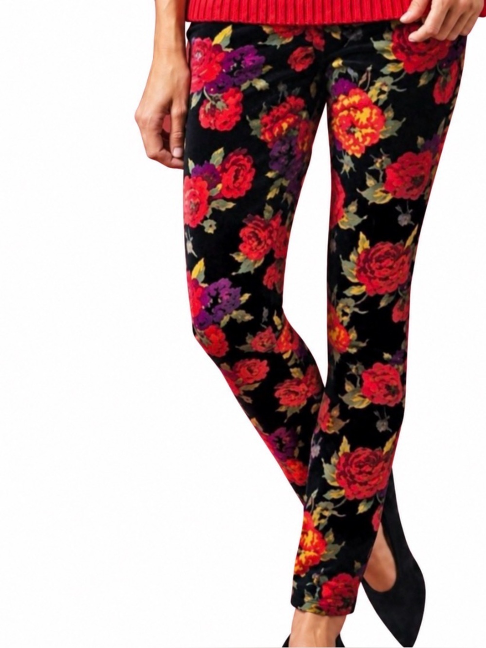 SOFT SURROUNDINGS Velvet Ankle Pant 10 Dark Floral Stretch HighRise Holiday Red